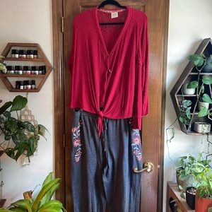 Knox Rose Red Waffle Knit Tie Shirt and Floral Embroidered Joggers Set